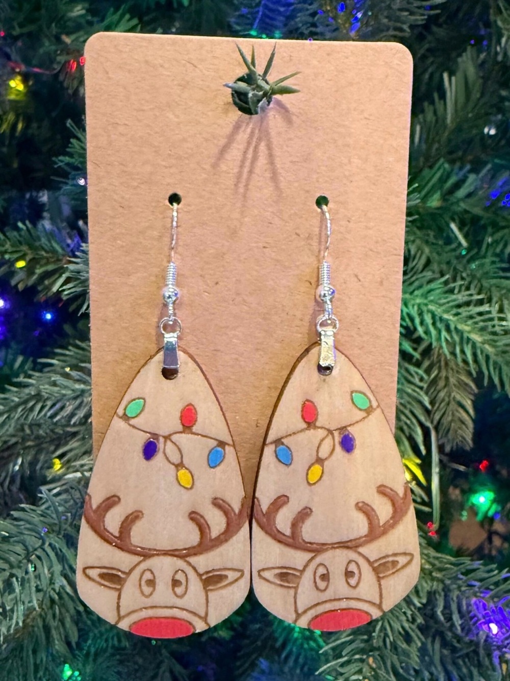 Hand Painted Christmas Reindeer and Lights Dangle Earrings